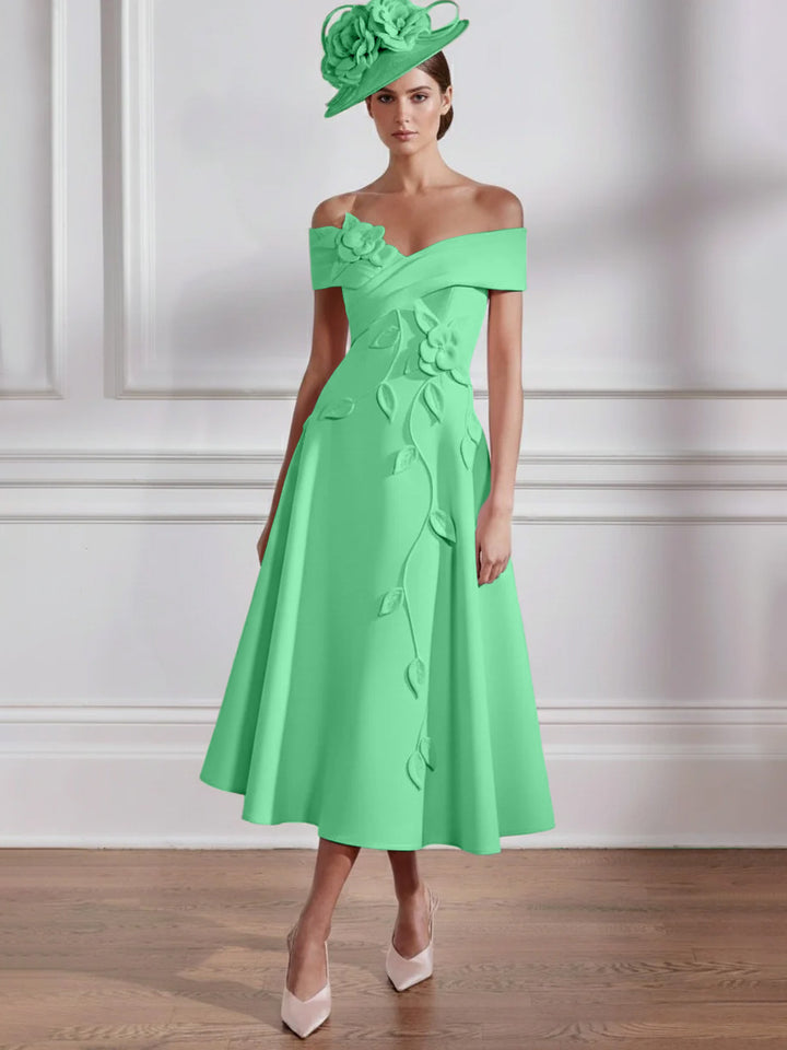 A-Line/Princess Off-the-shoulder Tea-Length Mother of the Bride Dresses with 3D Flowers