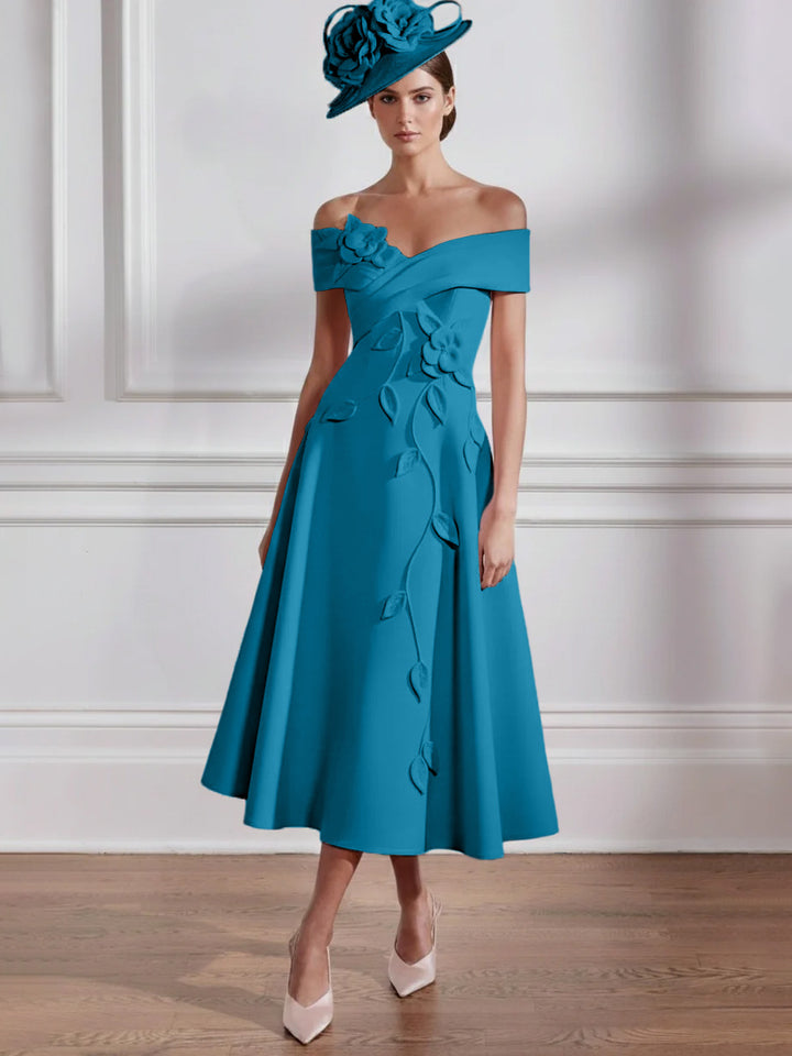 A-Line/Princess Off-the-shoulder Tea-Length Mother of the Bride Dresses with 3D Flowers