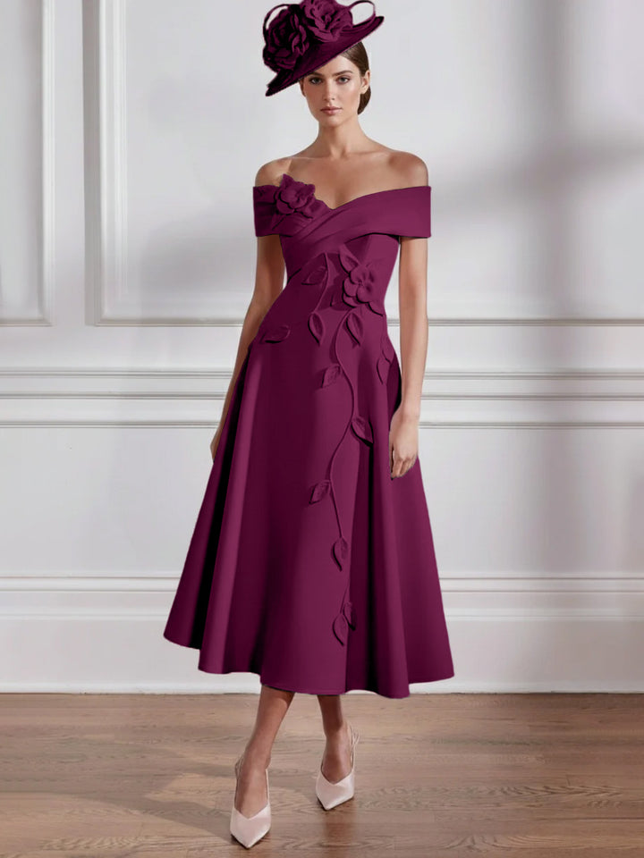 A-Line/Princess Off-the-shoulder Tea-Length Mother of the Bride Dresses with 3D Flowers