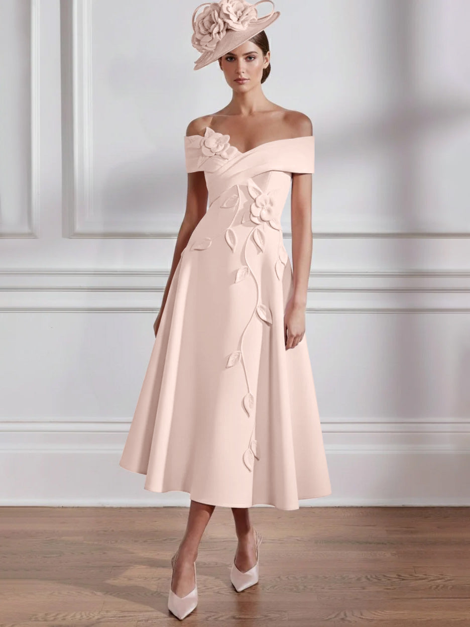 A-Line/Princess Off-the-shoulder Tea-Length Mother of the Bride Dresses with 3D Flowers