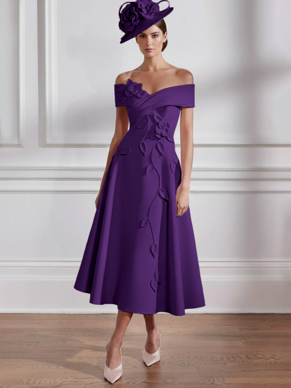 A-Line/Princess Off-the-shoulder Tea-Length Mother of the Bride Dresses with 3D Flowers