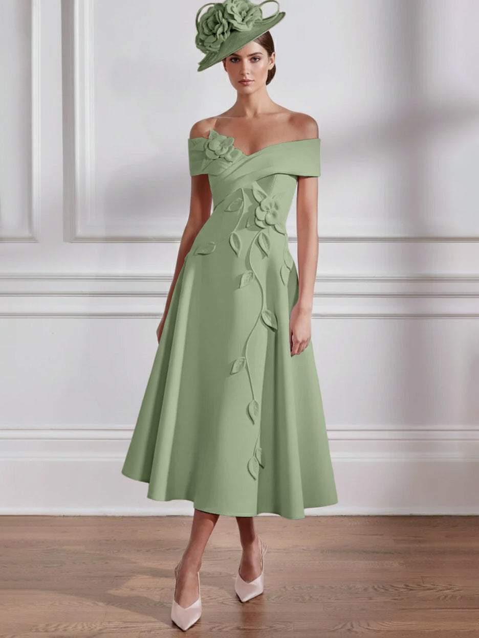 A-Line/Princess Off-the-shoulder Tea-Length Mother of the Bride Dresses with 3D Flowers