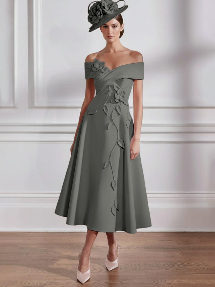 A-Line/Princess Off-the-shoulder Tea-Length Mother of the Bride Dresses with 3D Flowers