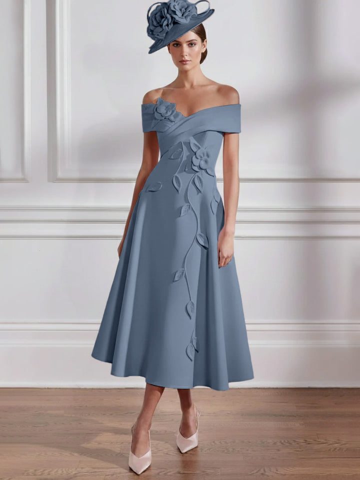 A-Line/Princess Off-the-shoulder Tea-Length Mother of the Bride Dresses with 3D Flowers