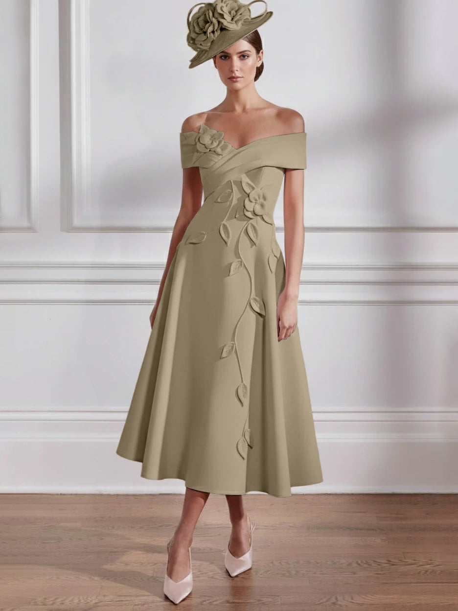 A-Line/Princess Off-the-shoulder Tea-Length Mother of the Bride Dresses with 3D Flowers