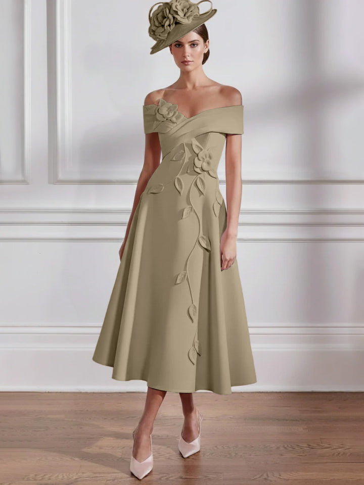 A-Line/Princess Off-the-shoulder Tea-Length Mother of the Bride Dresses with 3D Flowers