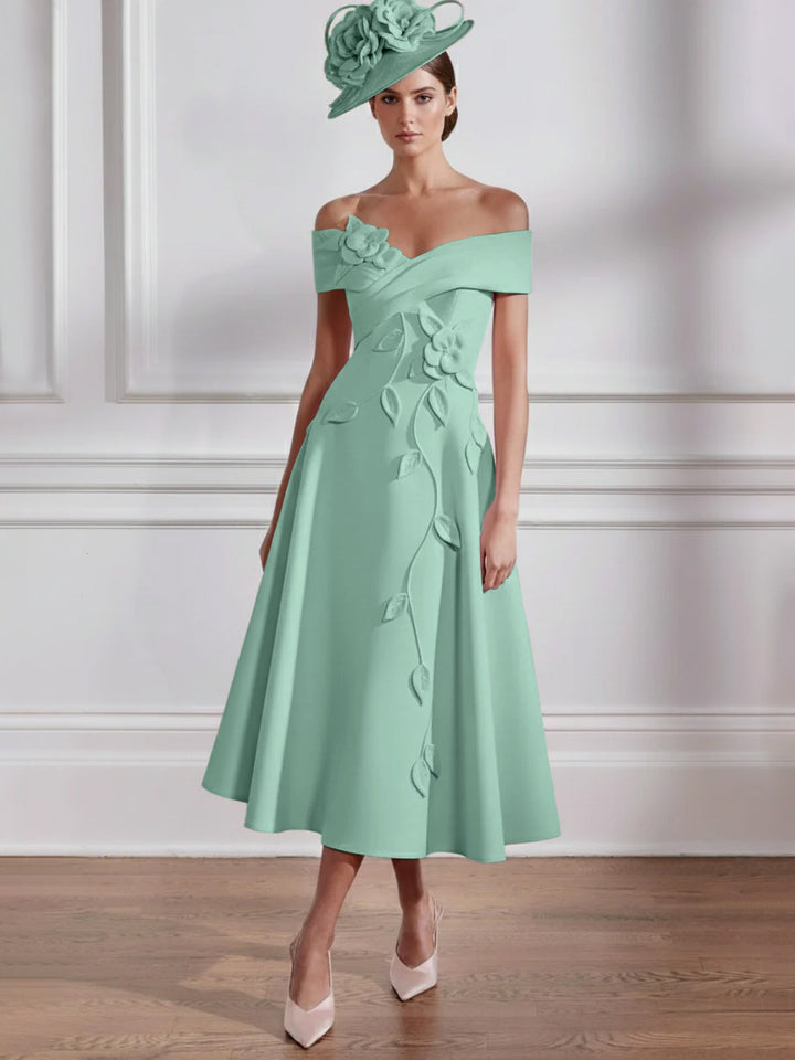 A-Line/Princess Off-the-shoulder Tea-Length Mother of the Bride Dresses with 3D Flowers
