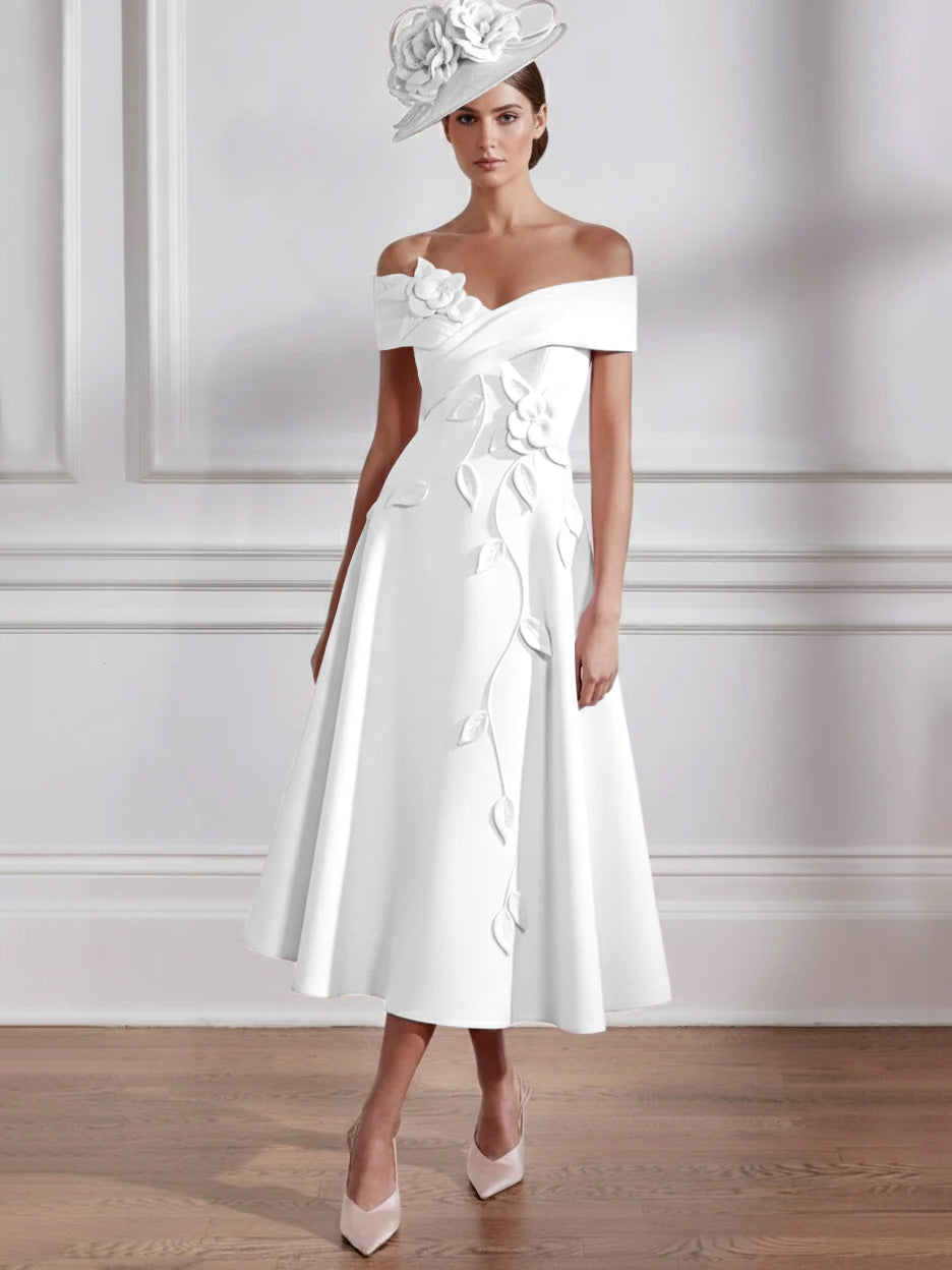 A-Line/Princess Off-the-shoulder Tea-Length Mother of the Bride Dresses with 3D Flowers