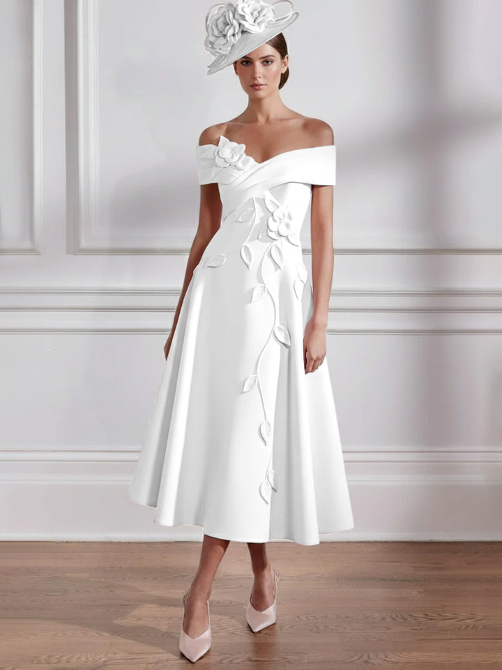 A-Line/Princess Off-the-shoulder Tea-Length Mother of the Bride Dresses with 3D Flowers