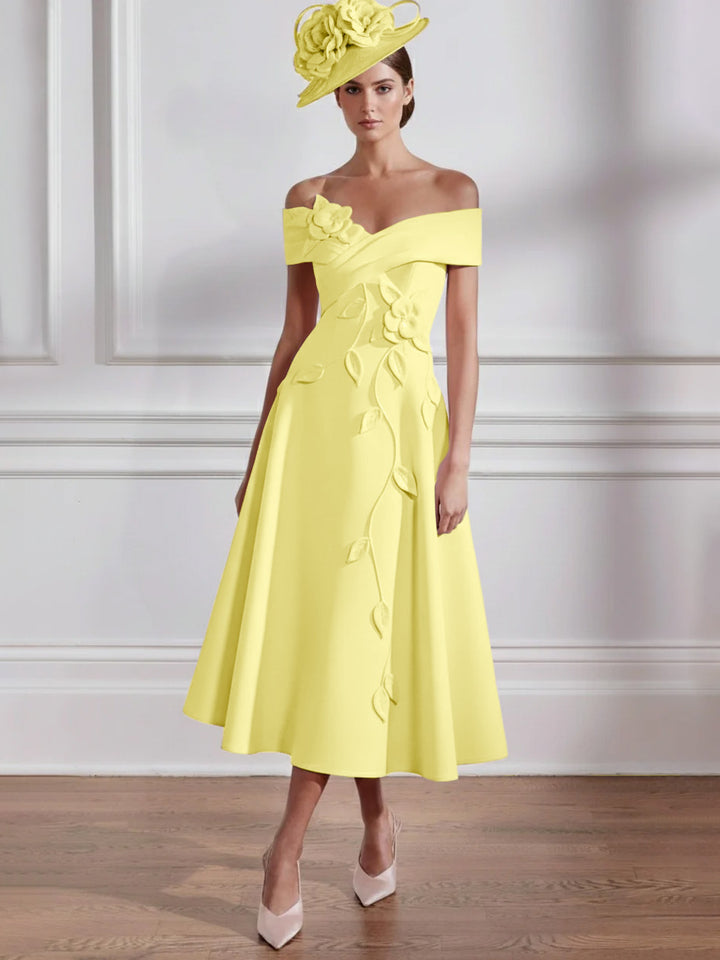 A-Line/Princess Off-the-shoulder Tea-Length Mother of the Bride Dresses with 3D Flowers