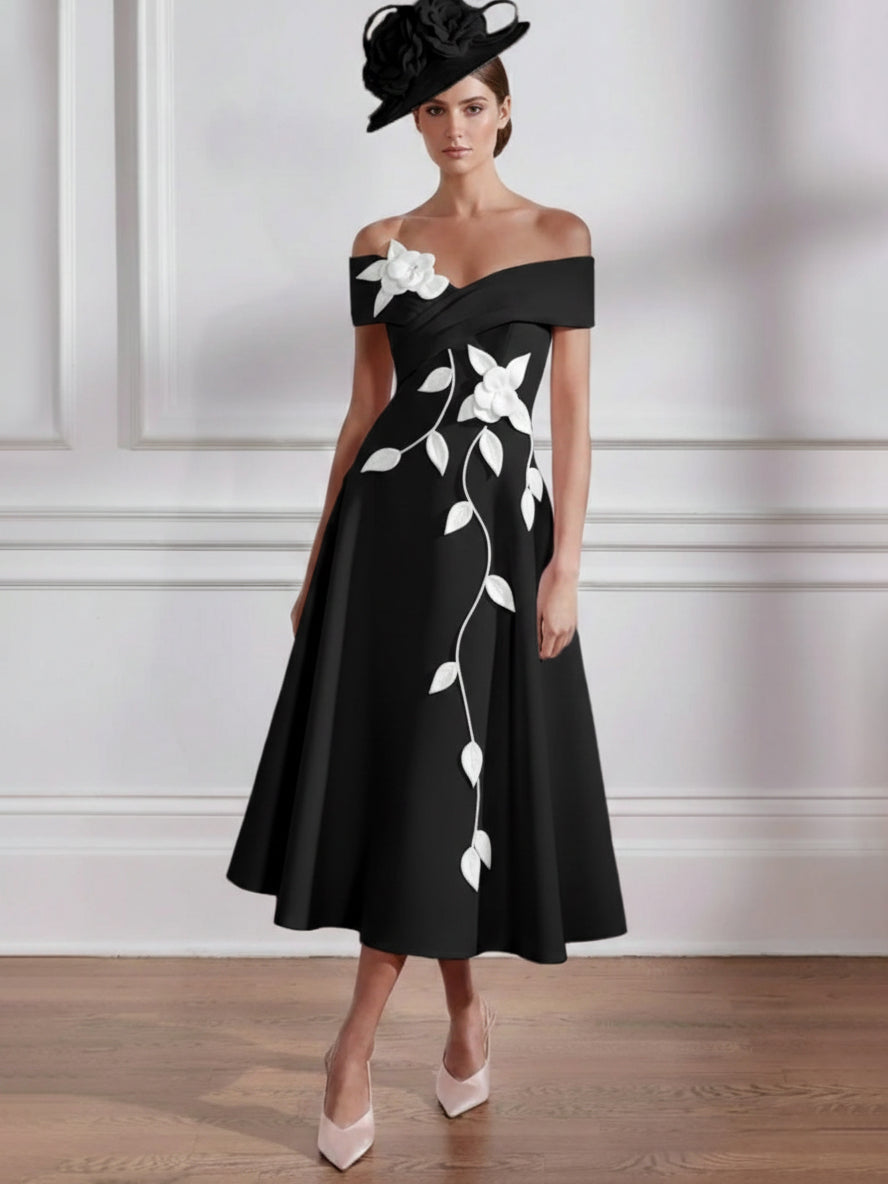 A-Line/Princess Off-the-shoulder Tea-Length Mother of the Bride Dresses with 3D Flowers