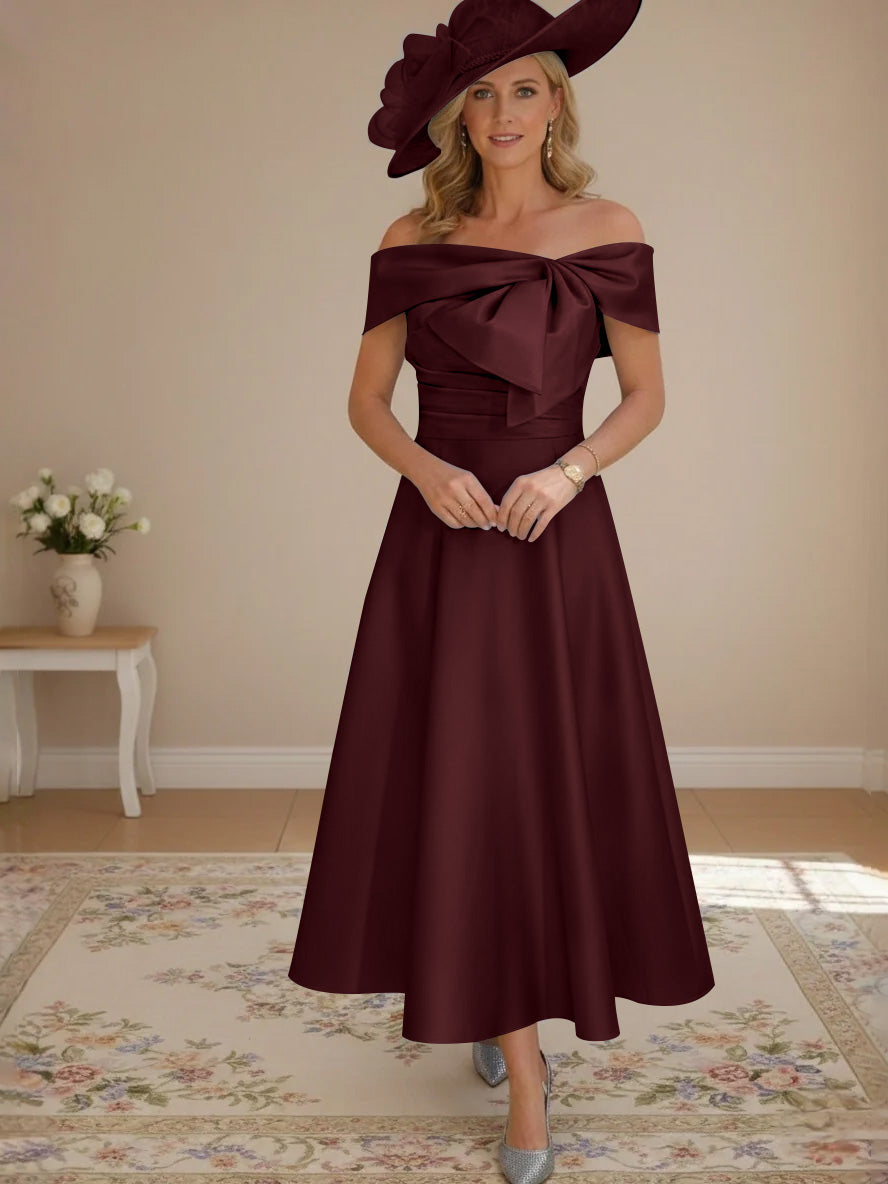 A-Line/Princess Off-the-Shoulder Tea-Length Mother of the Bride Dresses with Bowknot & Pocket