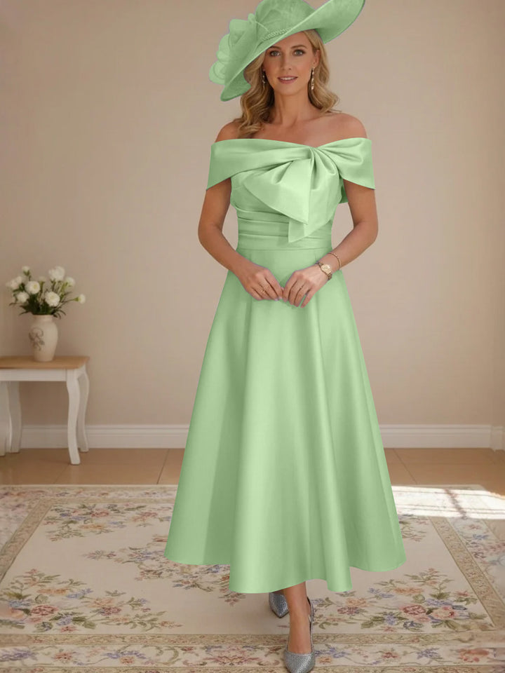A-Line/Princess Off-the-Shoulder Tea-Length Mother of the Bride Dresses with Bowknot & Pocket