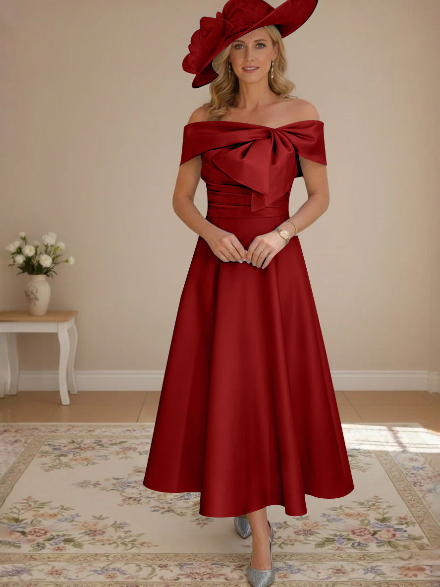 A-Line/Princess Off-the-Shoulder Tea-Length Mother of the Bride Dresses with Bowknot & Pocket