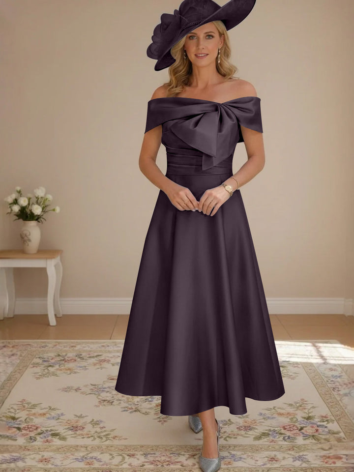 A-Line/Princess Off-the-Shoulder Tea-Length Mother of the Bride Dresses with Bowknot & Pocket