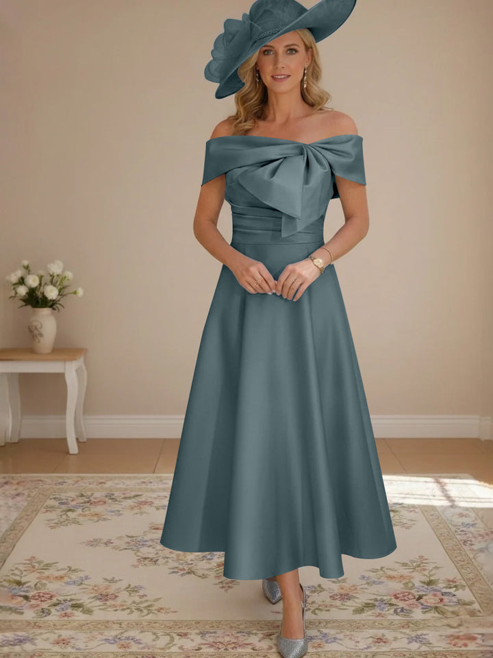 A-Line/Princess Off-the-Shoulder Tea-Length Mother of the Bride Dresses with Bowknot & Pocket