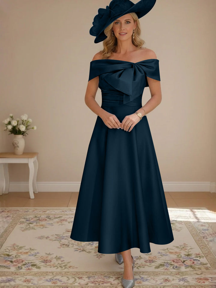 A-Line/Princess Off-the-Shoulder Tea-Length Mother of the Bride Dresses with Bowknot & Pocket