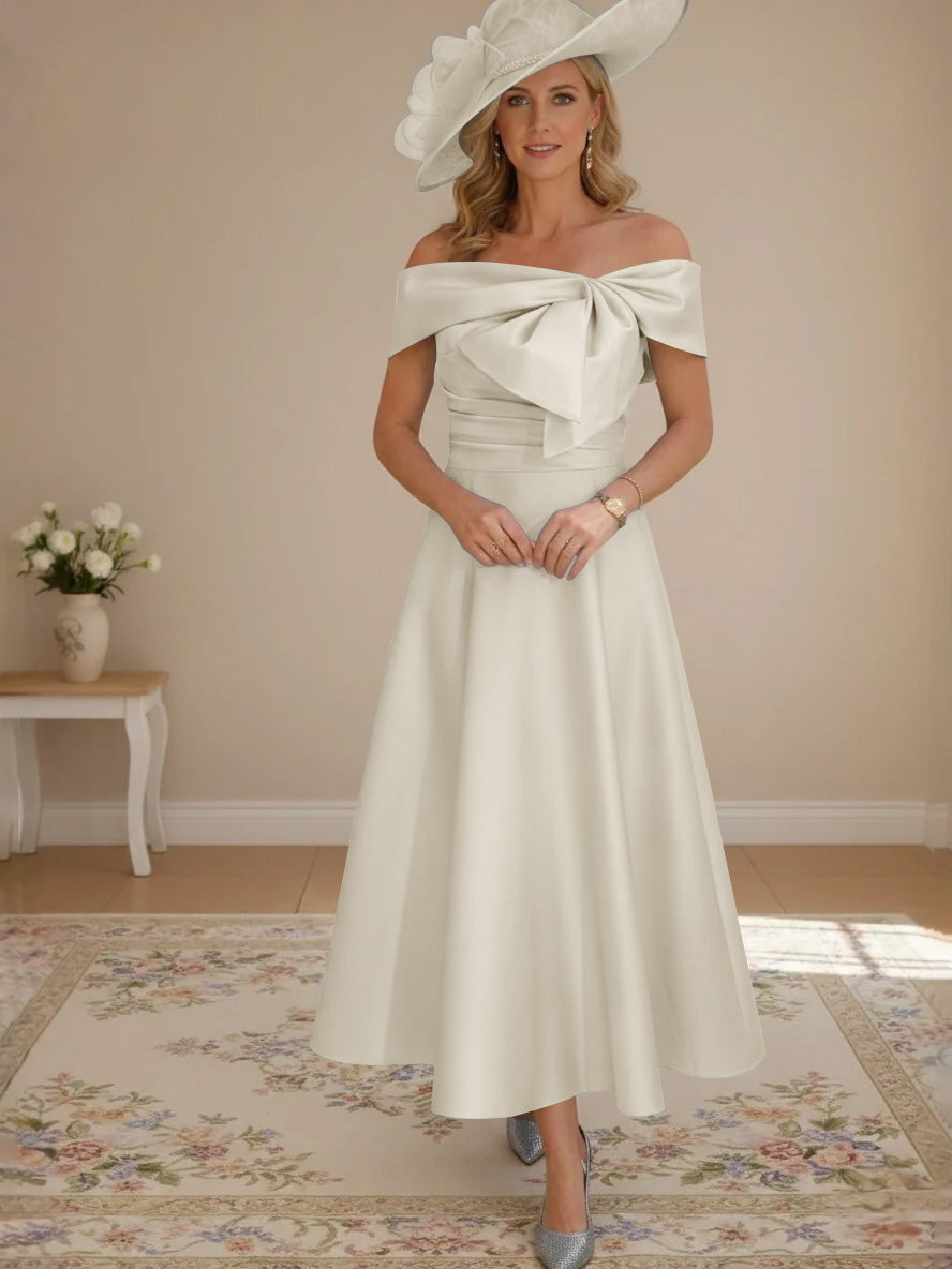 A-Line/Princess Off-the-Shoulder Tea-Length Mother of the Bride Dresses with Bowknot & Pocket