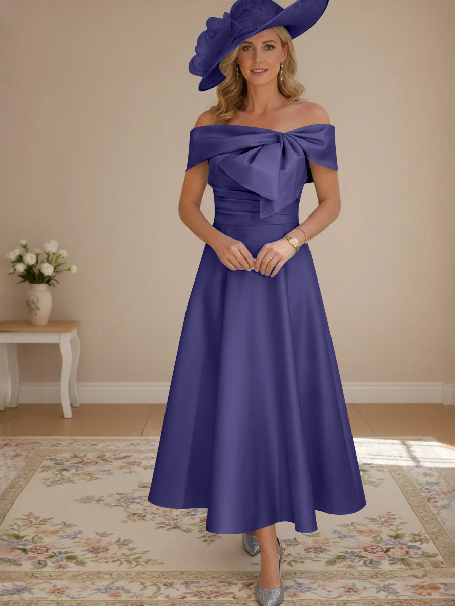 A-Line/Princess Off-the-Shoulder Tea-Length Mother of the Bride Dresses with Bowknot & Pocket