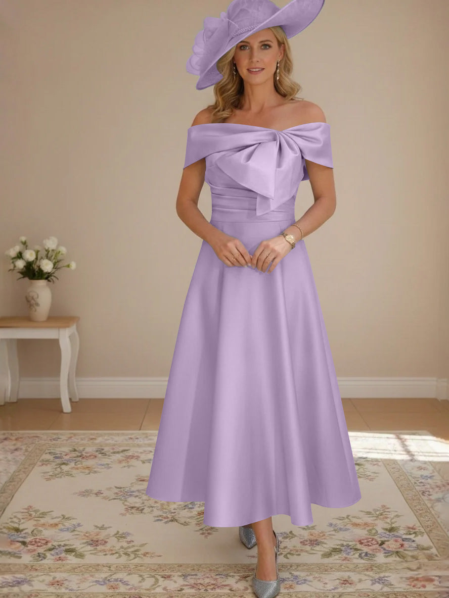 A-Line/Princess Off-the-Shoulder Tea-Length Mother of the Bride Dresses with Bowknot & Pocket