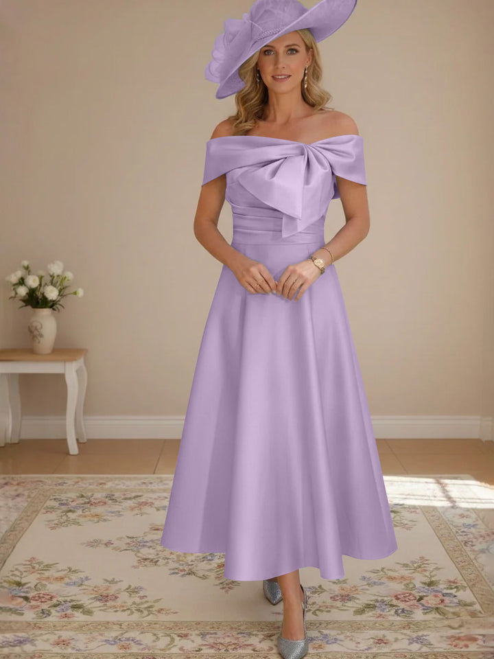 A-Line/Princess Off-the-Shoulder Tea-Length Mother of the Bride Dresses with Bowknot & Pocket