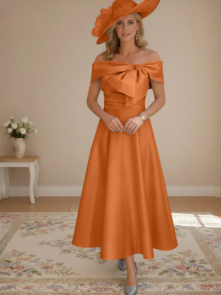 A-Line/Princess Off-the-Shoulder Tea-Length Mother of the Bride Dresses with Bowknot & Pocket
