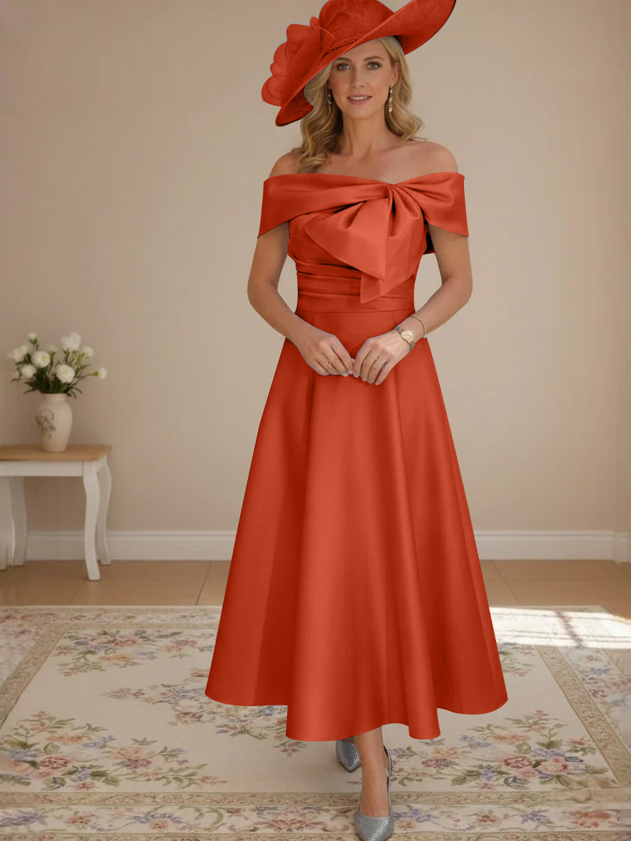 A-Line/Princess Off-the-Shoulder Tea-Length Mother of the Bride Dresses with Bowknot & Pocket