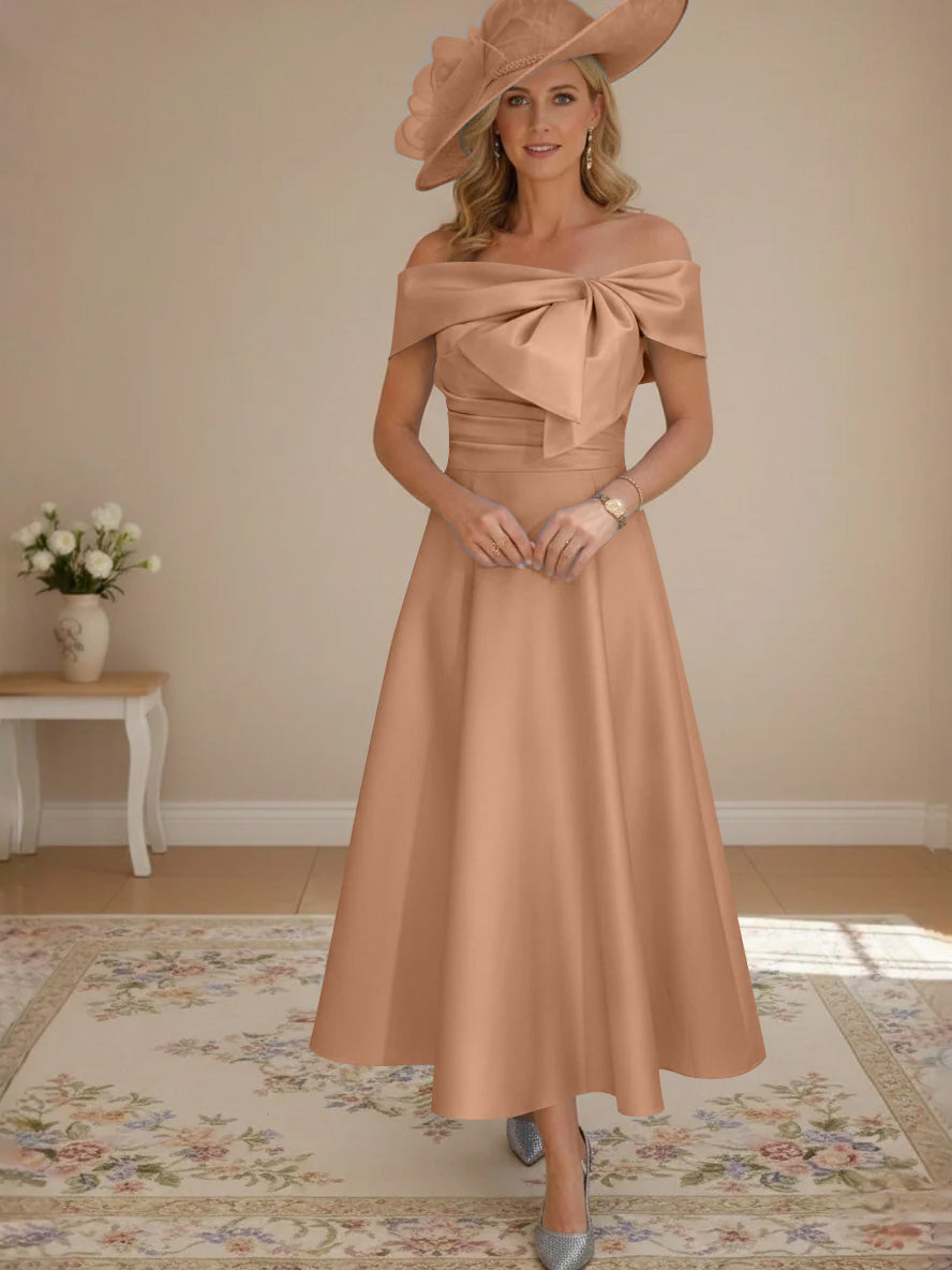A-Line/Princess Off-the-Shoulder Tea-Length Mother of the Bride Dresses with Bowknot & Pocket