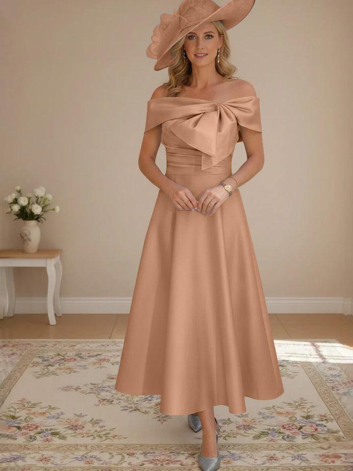 A-Line/Princess Off-the-Shoulder Tea-Length Mother of the Bride Dresses with Bowknot & Pocket