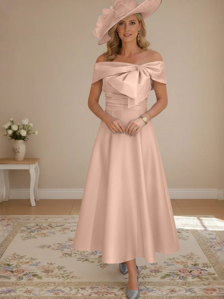 A-Line/Princess Off-the-Shoulder Tea-Length Mother of the Bride Dresses with Bowknot & Pocket
