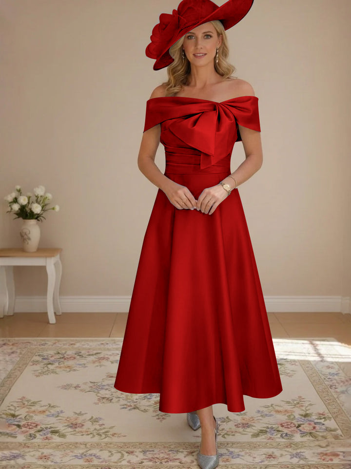 A-Line/Princess Off-the-Shoulder Tea-Length Mother of the Bride Dresses with Bowknot & Pocket
