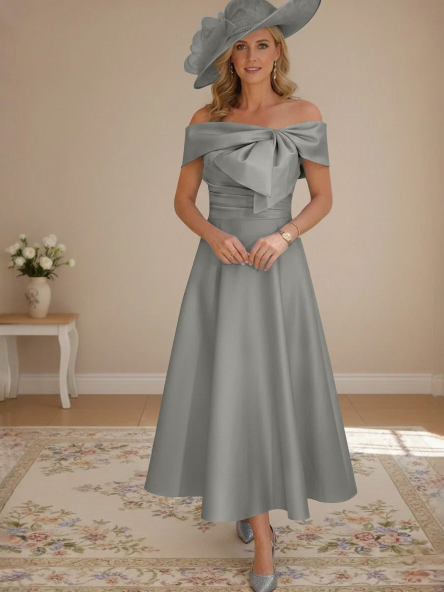 A-Line/Princess Off-the-Shoulder Tea-Length Mother of the Bride Dresses with Bowknot & Pocket