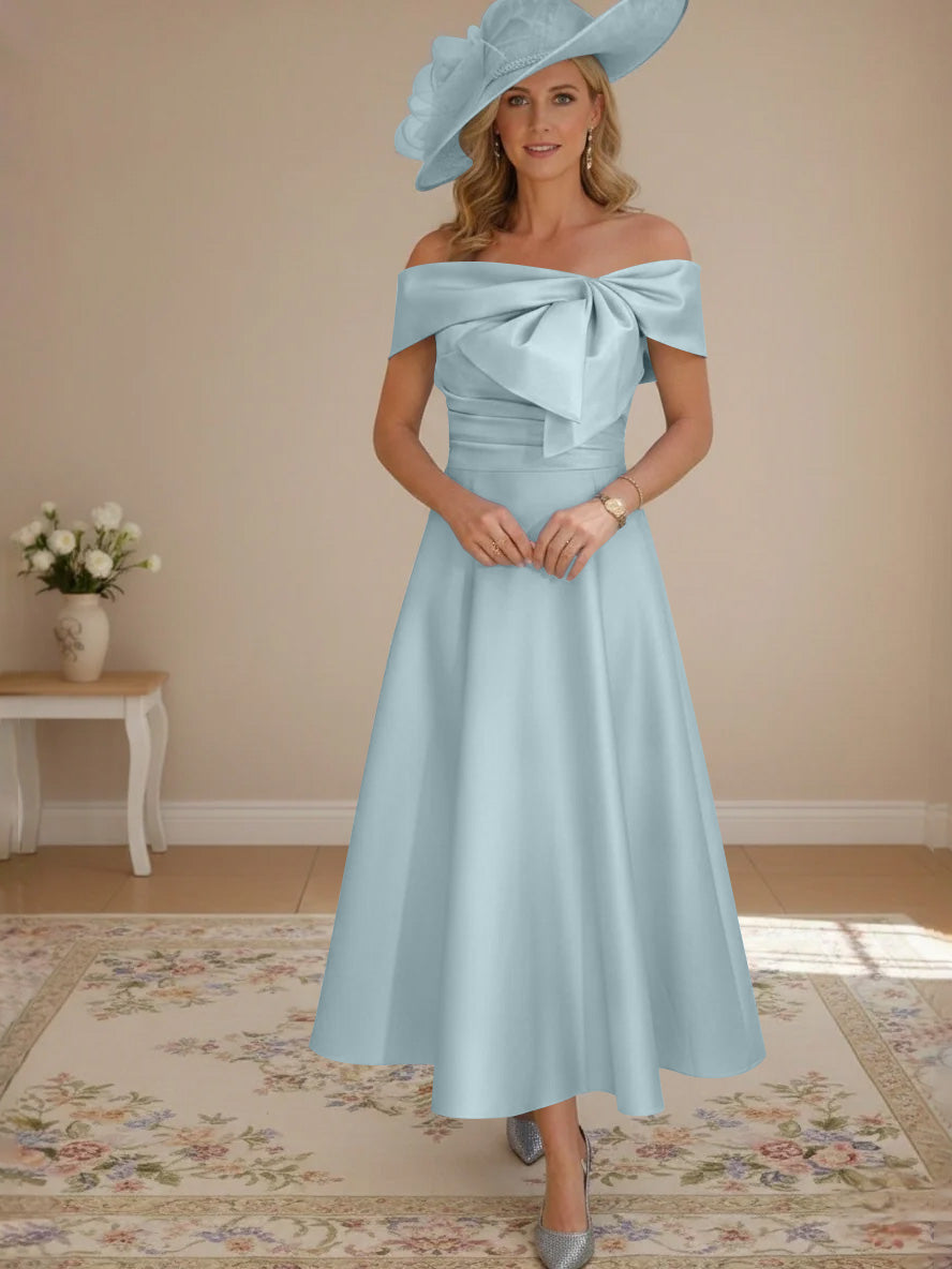 A-Line/Princess Off-the-Shoulder Tea-Length Mother of the Bride Dresses with Bowknot & Pocket