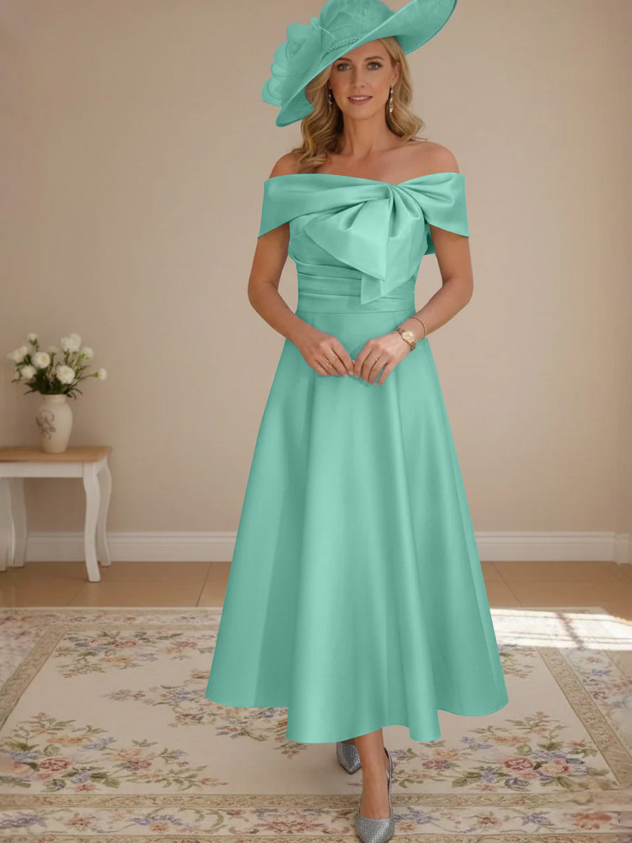 A-Line/Princess Off-the-Shoulder Tea-Length Mother of the Bride Dresses with Bowknot & Pocket