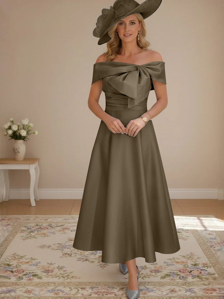 A-Line/Princess Off-the-Shoulder Tea-Length Mother of the Bride Dresses with Bowknot & Pocket