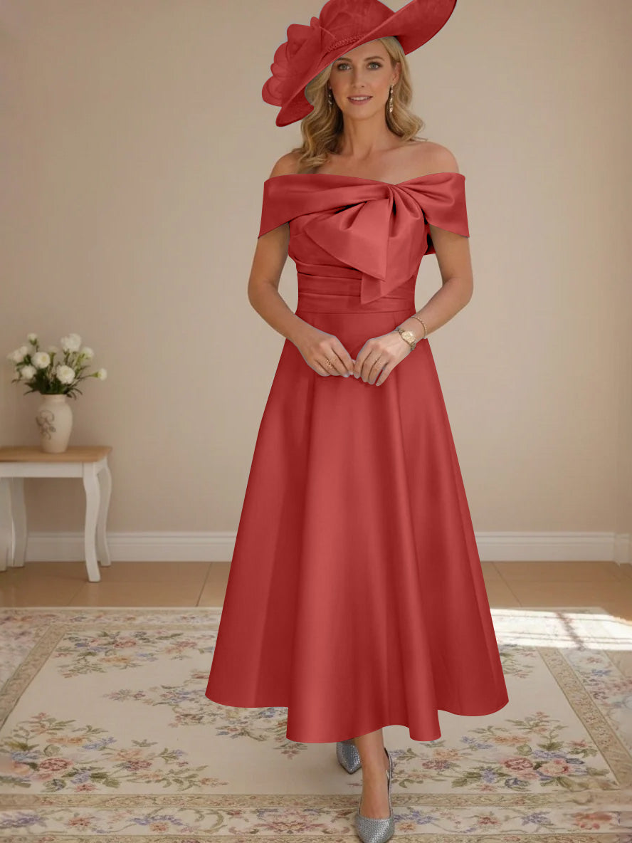 A-Line/Princess Off-the-Shoulder Tea-Length Mother of the Bride Dresses with Bowknot & Pocket