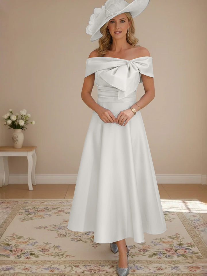 A-Line/Princess Off-the-Shoulder Tea-Length Mother of the Bride Dresses with Bowknot & Pocket