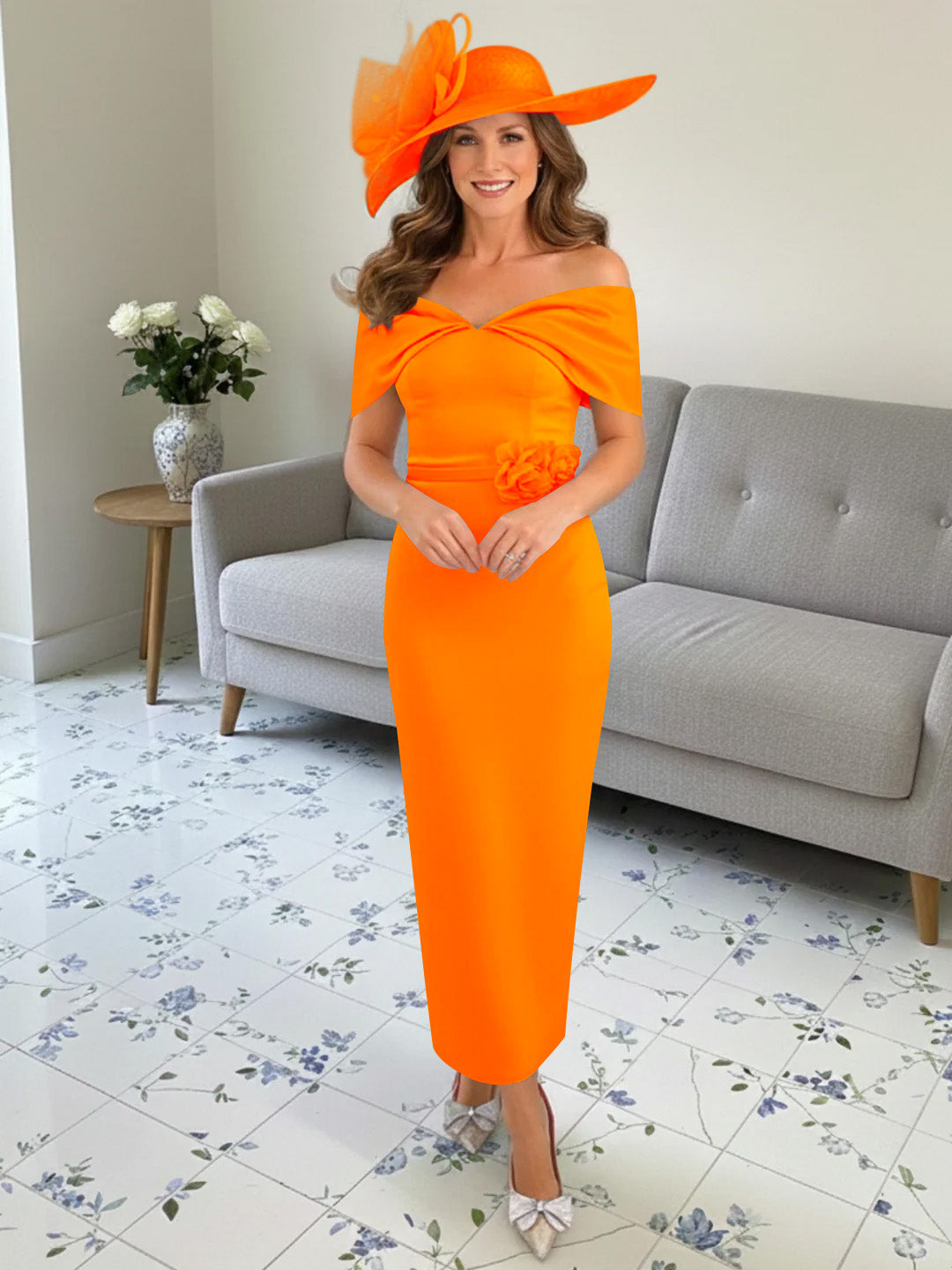 Sheath/Column 1/2 Sleeves Ankle-Length Off-the-Shoulder Mother of the Bride Dresses with 3D Flowers
