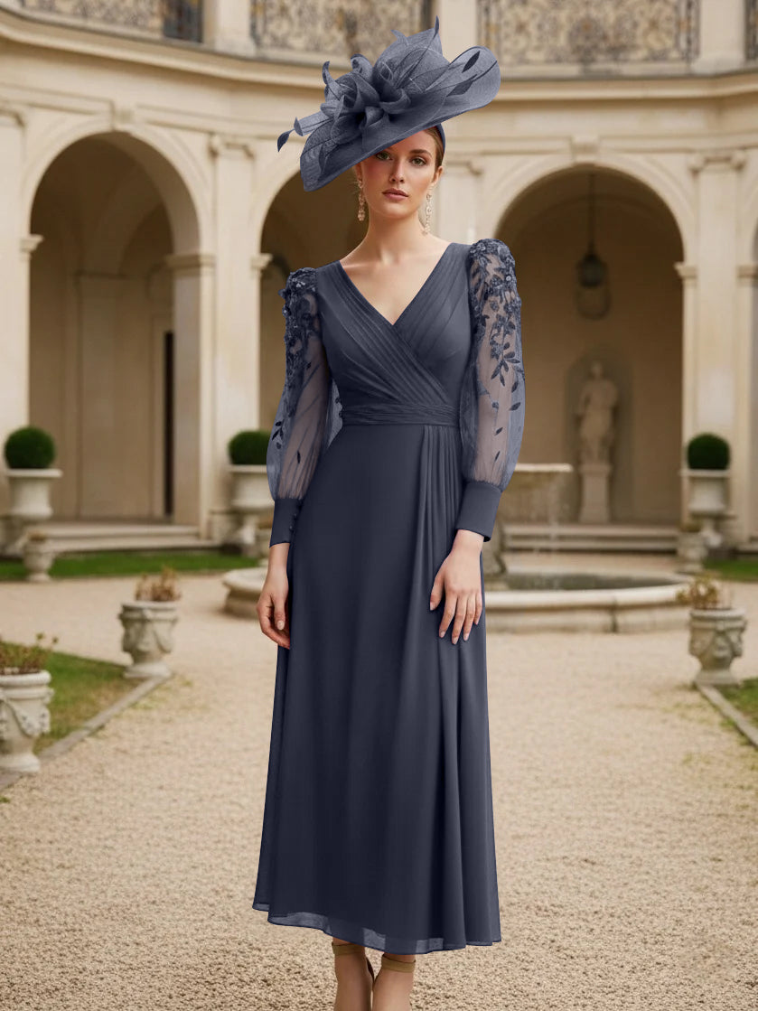A-Line/Princess V-Neck Chiffon Mother of the Bride Dresses with 3D Flower
