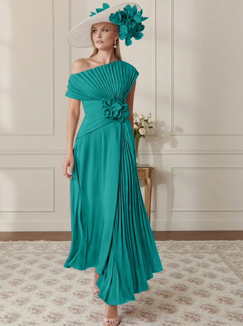 A-Line/Princess Off-the-Shoulder Asymmetrical Ankle-Length Mother of the Bride Dresses With Pleats