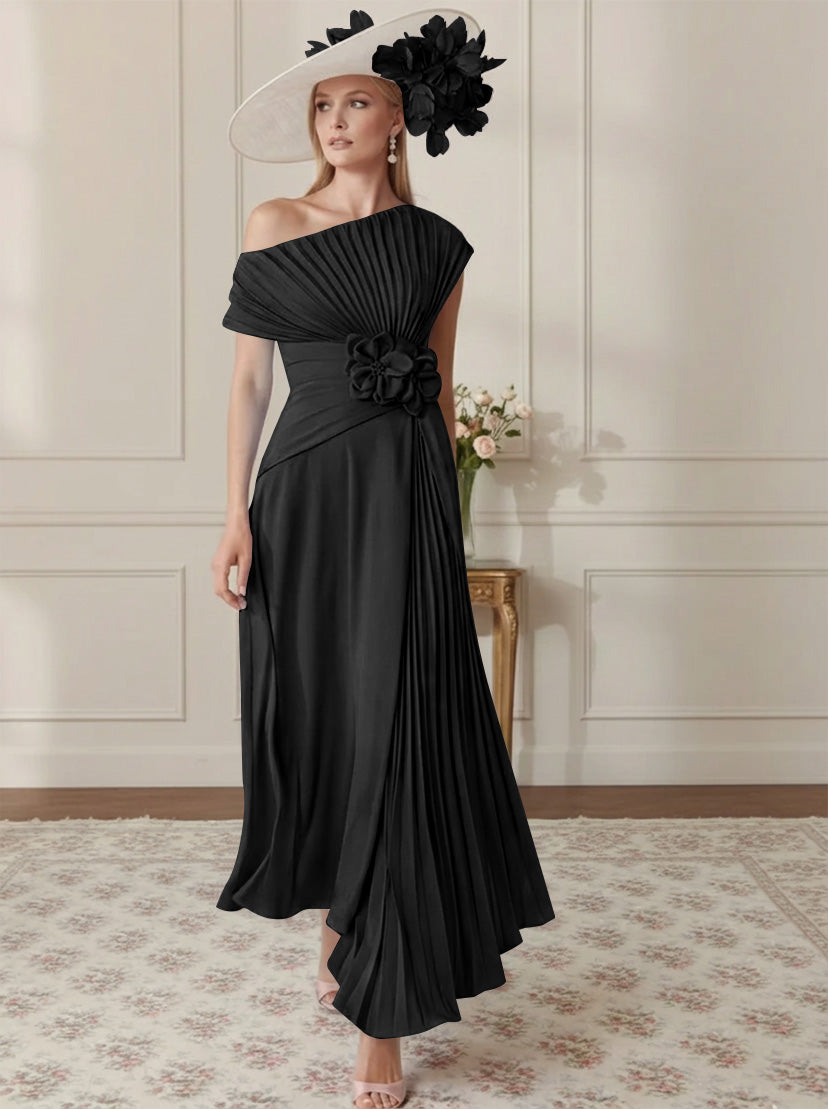 A-Line/Princess Off-the-Shoulder Asymmetrical Ankle-Length Mother of the Bride Dresses With Pleats