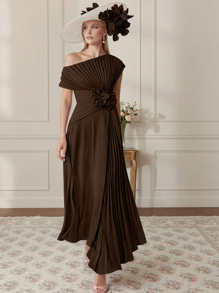 A-Line/Princess Off-the-Shoulder Asymmetrical Ankle-Length Mother of the Bride Dresses With Pleats