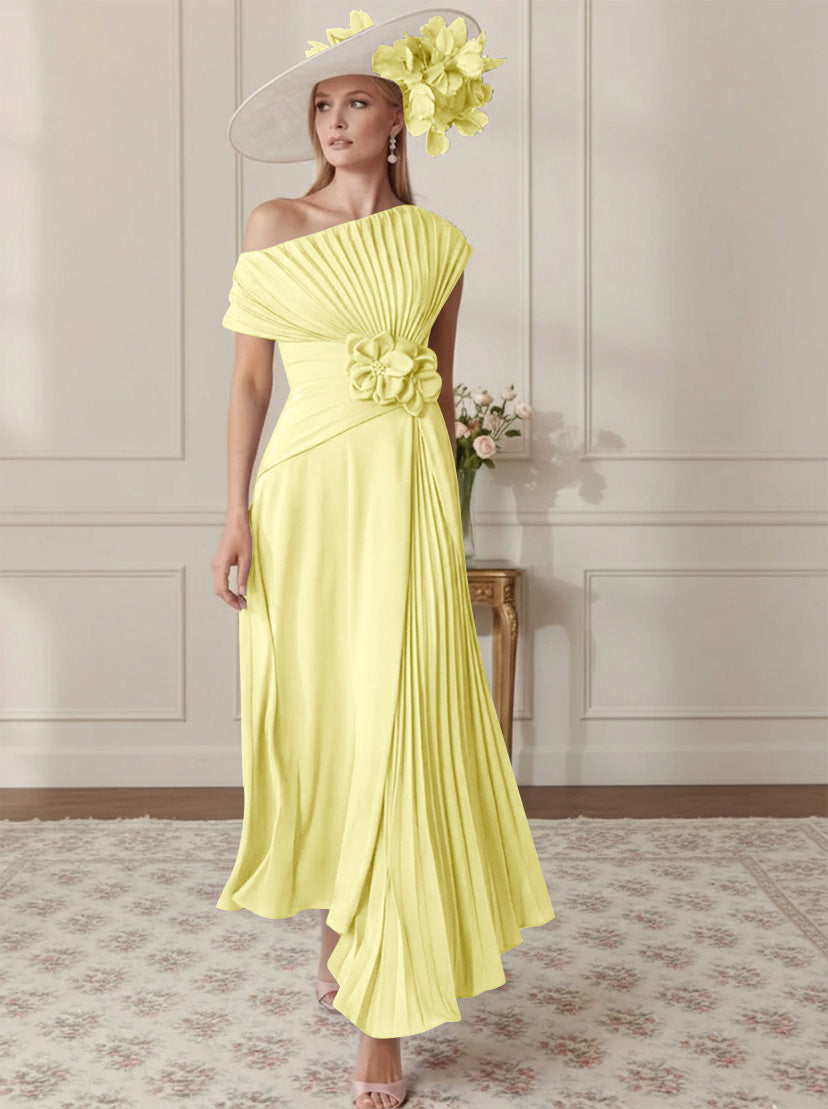 A-Line/Princess Off-the-Shoulder Asymmetrical Ankle-Length Mother of the Bride Dresses With Pleats