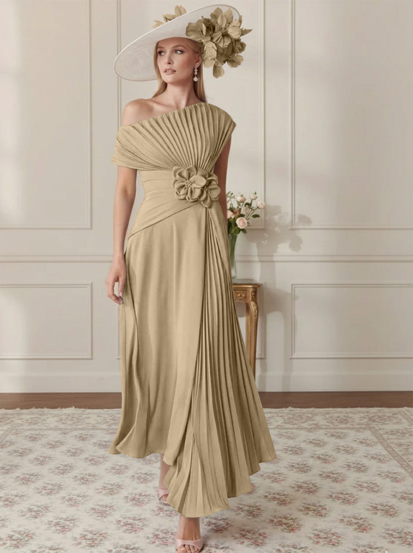 A-Line/Princess Off-the-Shoulder Asymmetrical Ankle-Length Mother of the Bride Dresses With Pleats