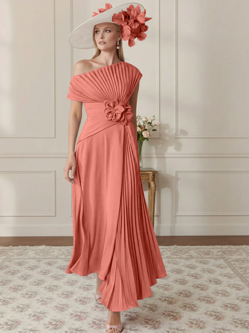 A-Line/Princess Off-the-Shoulder Asymmetrical Ankle-Length Mother of the Bride Dresses With Pleats