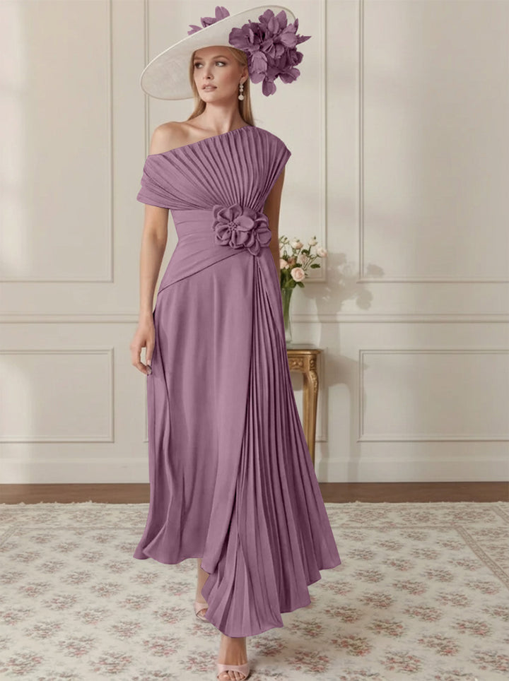 A-Line/Princess Off-the-Shoulder Asymmetrical Ankle-Length Mother of the Bride Dresses With Pleats