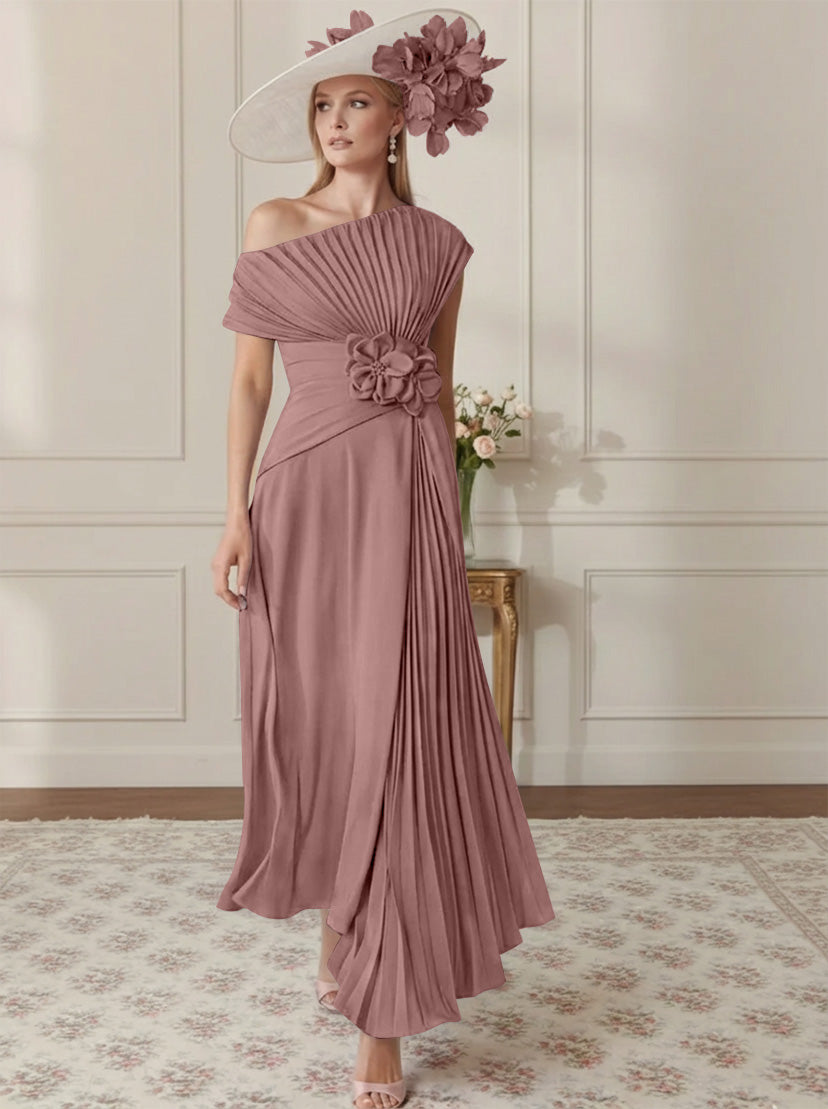 A-Line/Princess Off-the-Shoulder Asymmetrical Ankle-Length Mother of the Bride Dresses With Pleats