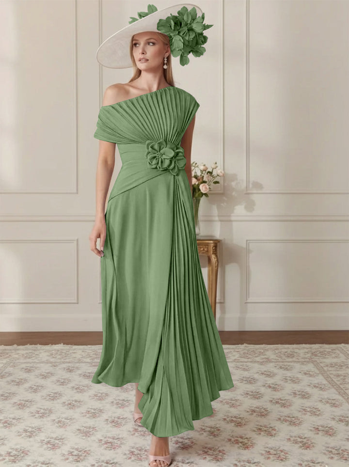 A-Line/Princess Off-the-Shoulder Asymmetrical Ankle-Length Mother of the Bride Dresses With Pleats