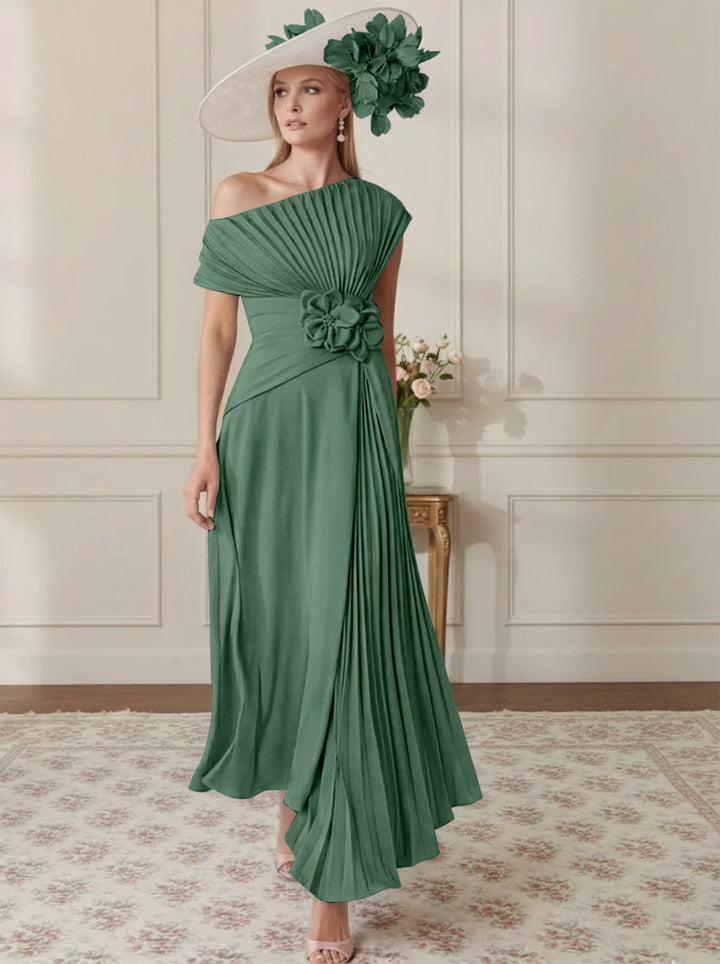 A-Line/Princess Off-the-Shoulder Asymmetrical Ankle-Length Mother of the Bride Dresses With Pleats
