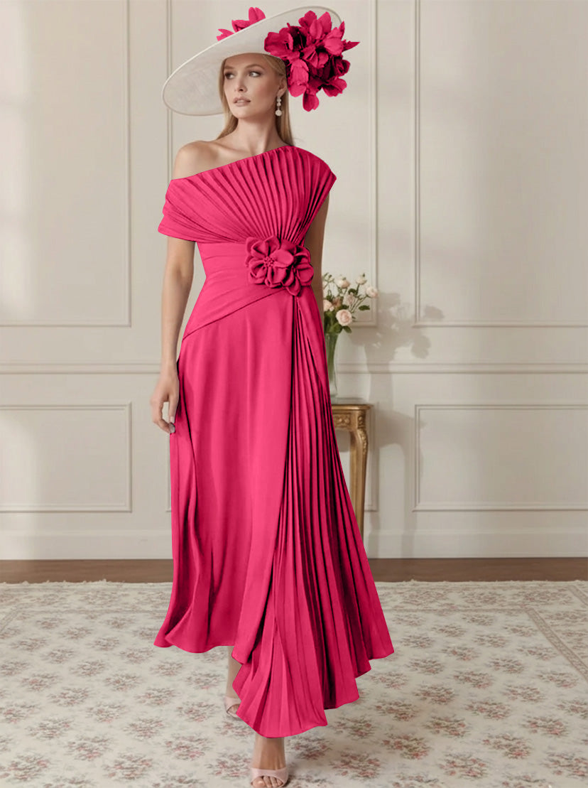 A-Line/Princess Off-the-Shoulder Asymmetrical Ankle-Length Mother of the Bride Dresses With Pleats
